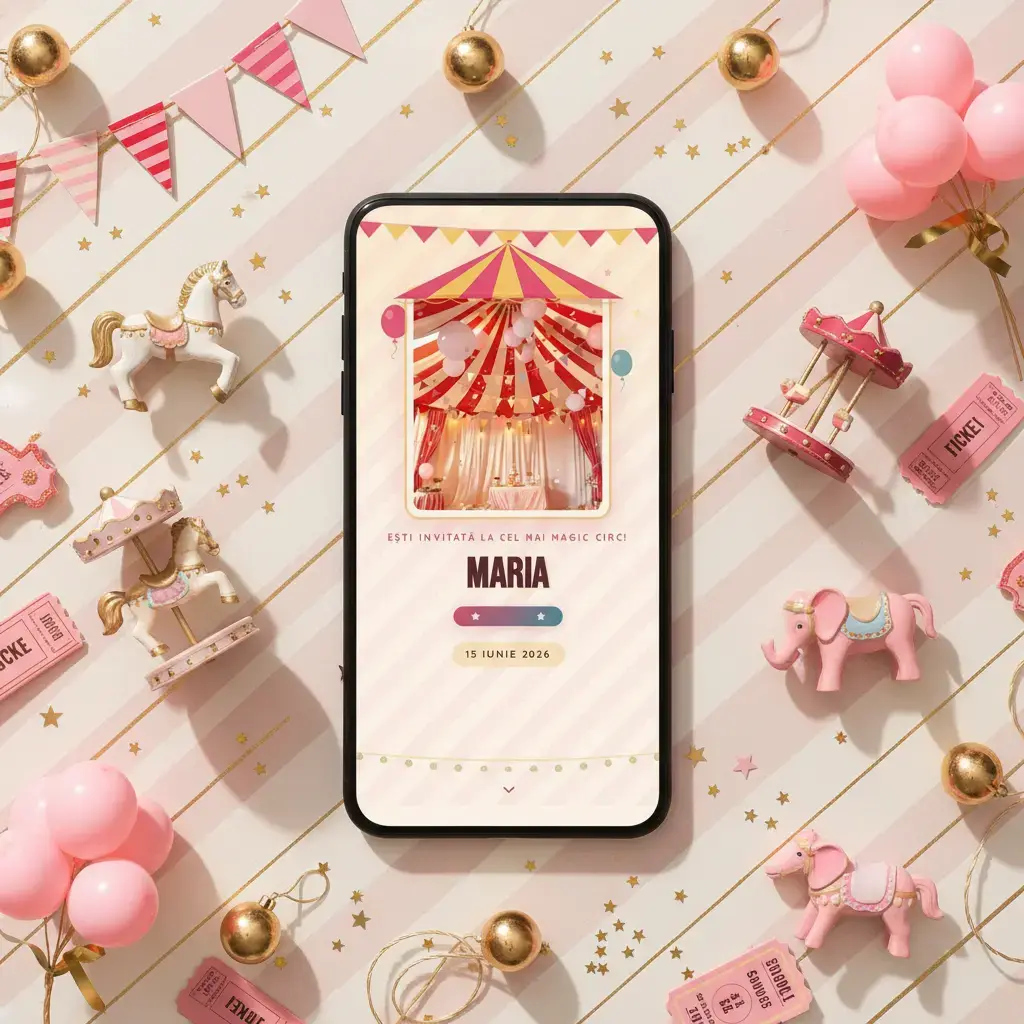 Invitație aniversare digitală model Circ cu RSVP