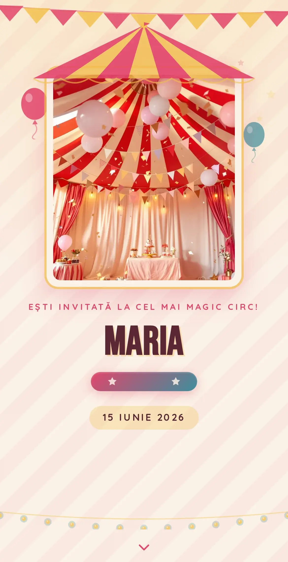 Invitație digitală de aniversare cu tematică de circ, cort cu dungi roz și baloane festive