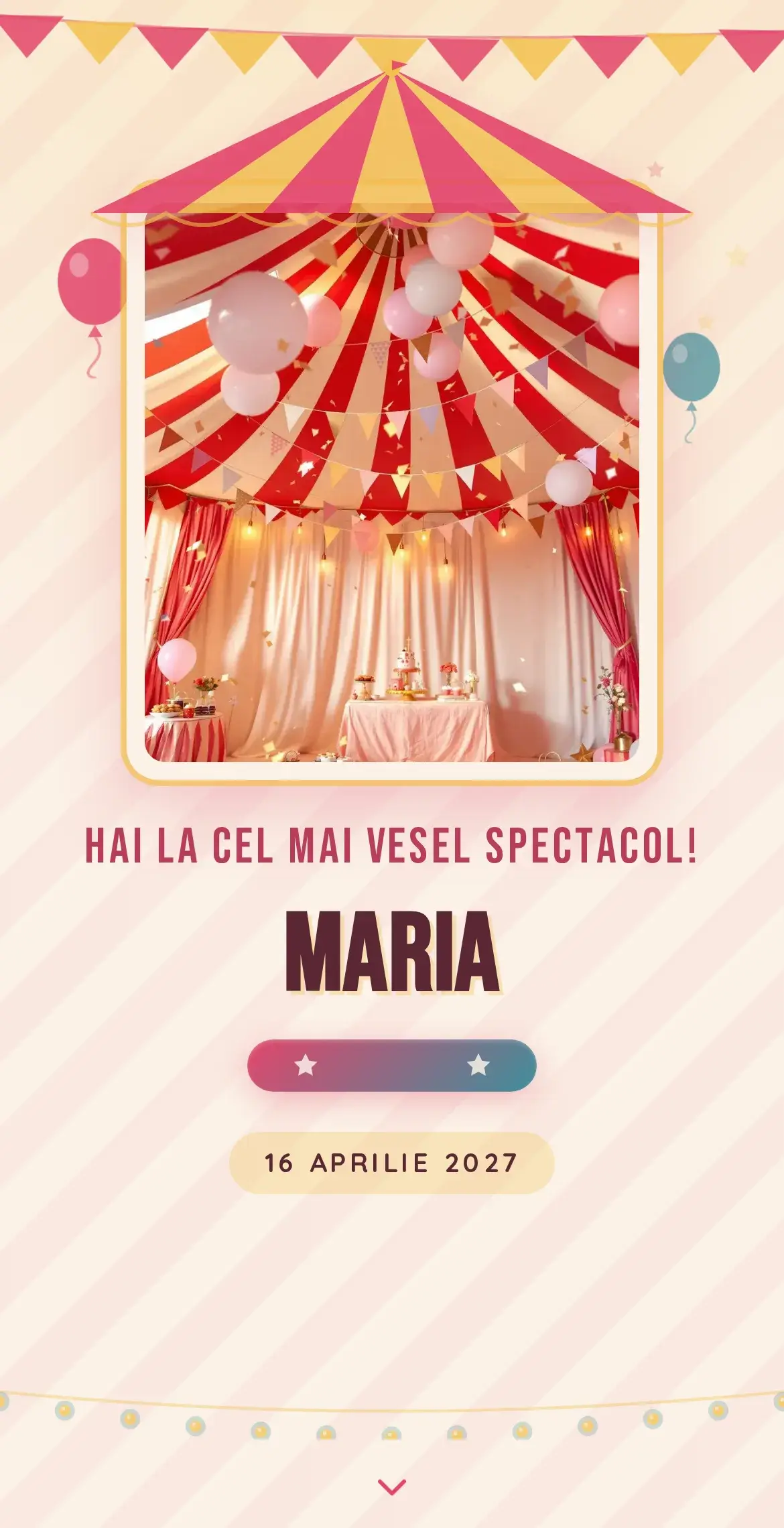 Invitație digitală de aniversare cu tematică de circ, cort cu dungi roz și baloane festive