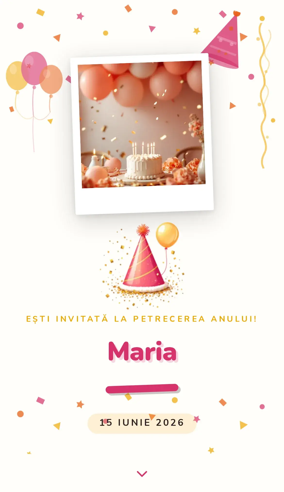 Invitație digitală de aniversare cu confetti colorat și aer de fiesta