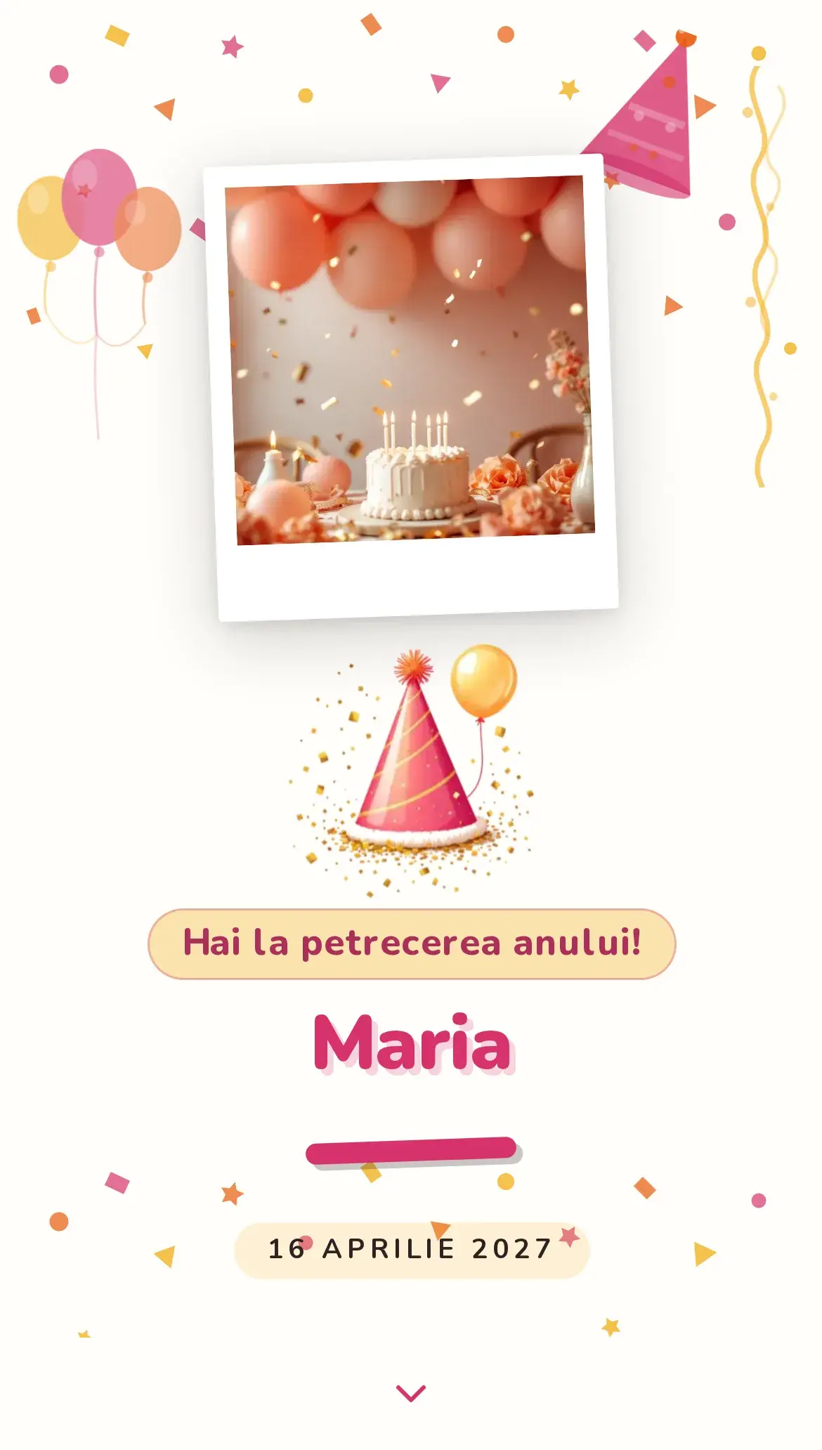 Invitație digitală de aniversare cu confetti colorat și aer de fiesta