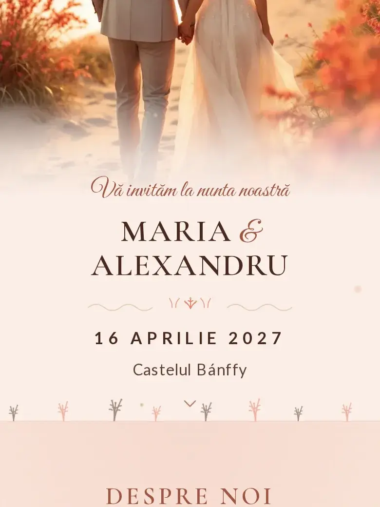 Invitație nuntă digitală model Coral cu RSVP