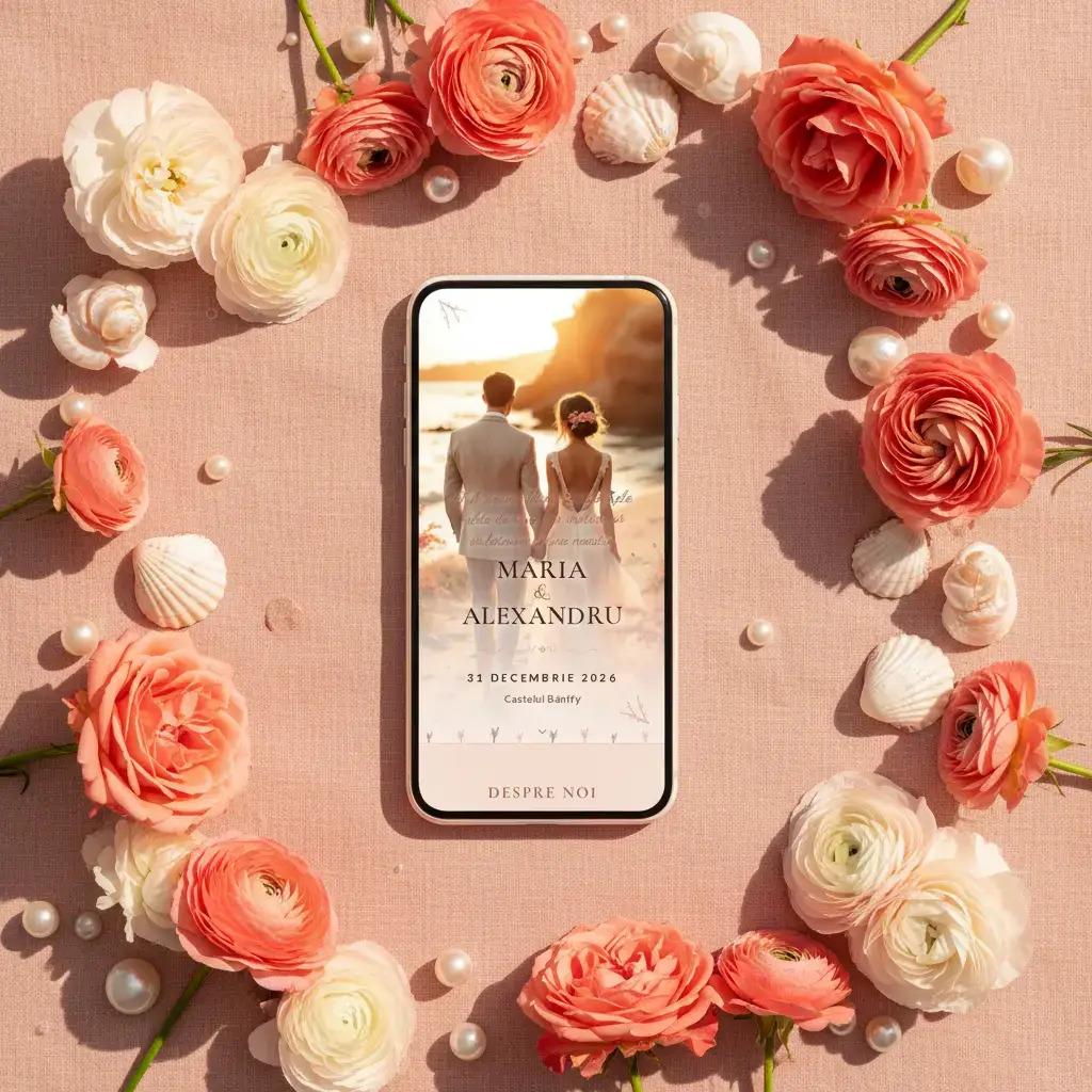 Invitație nuntă digitală model Coral cu RSVP