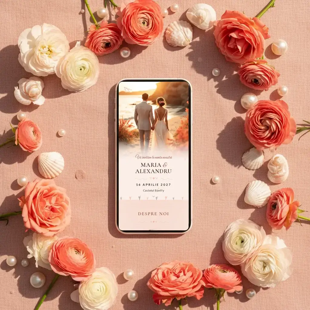 Digital wedding invitation template Coral with RSVP