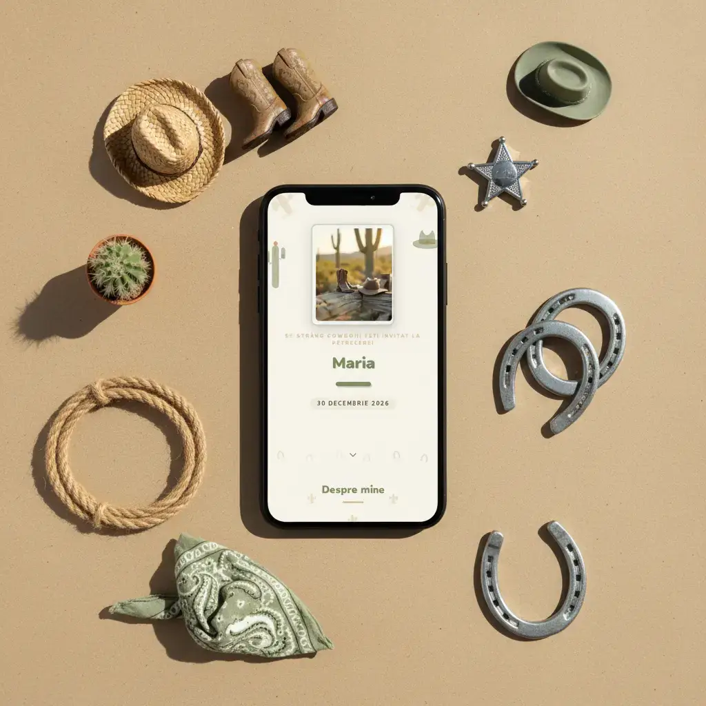 Invitație aniversare digitală model Cowboy cu RSVP