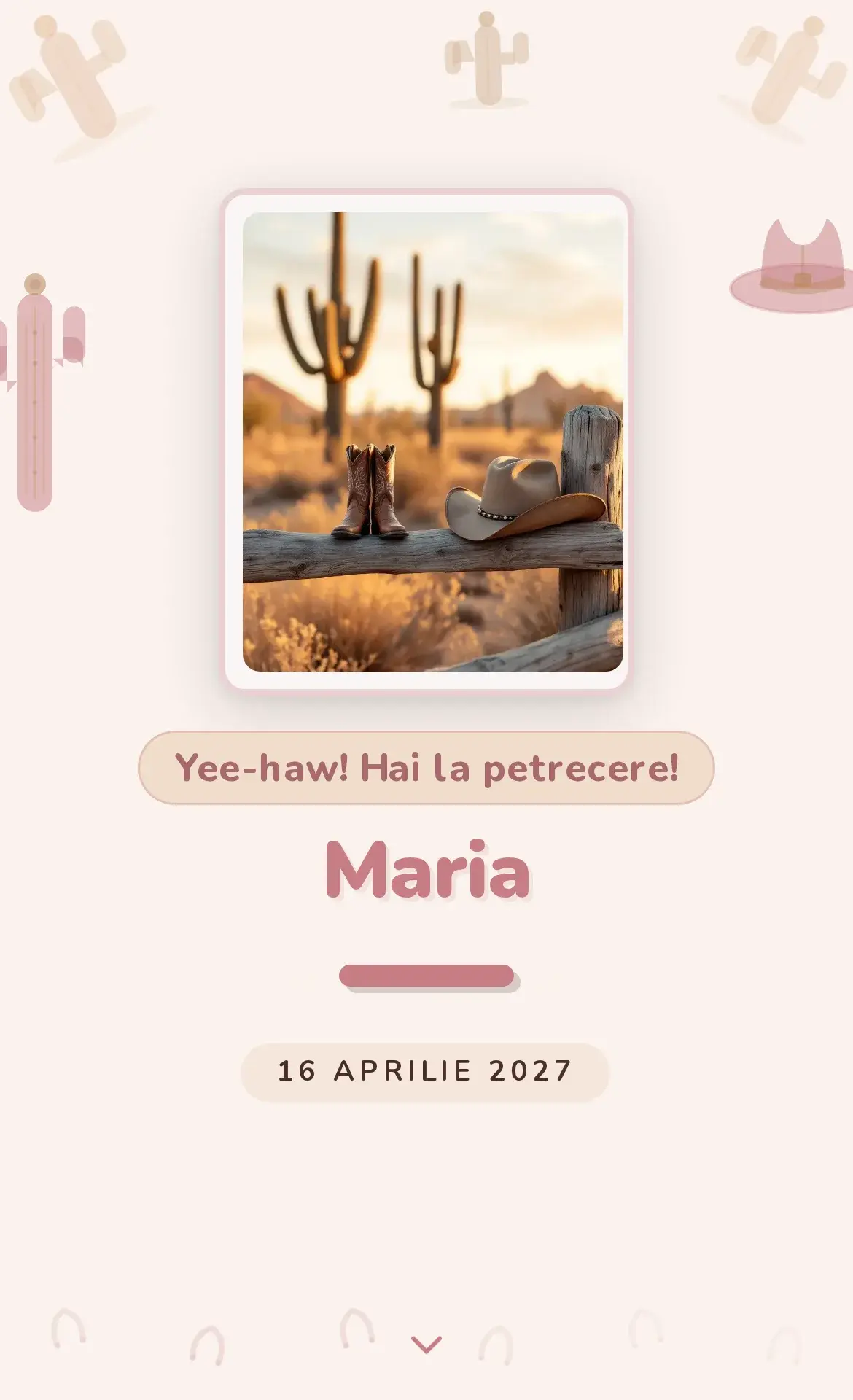 Invitație digitală de aniversare cu cizme de cowboy, pălărie și cactus în deșert la apus, în nuanțe verde-salvie și nisip