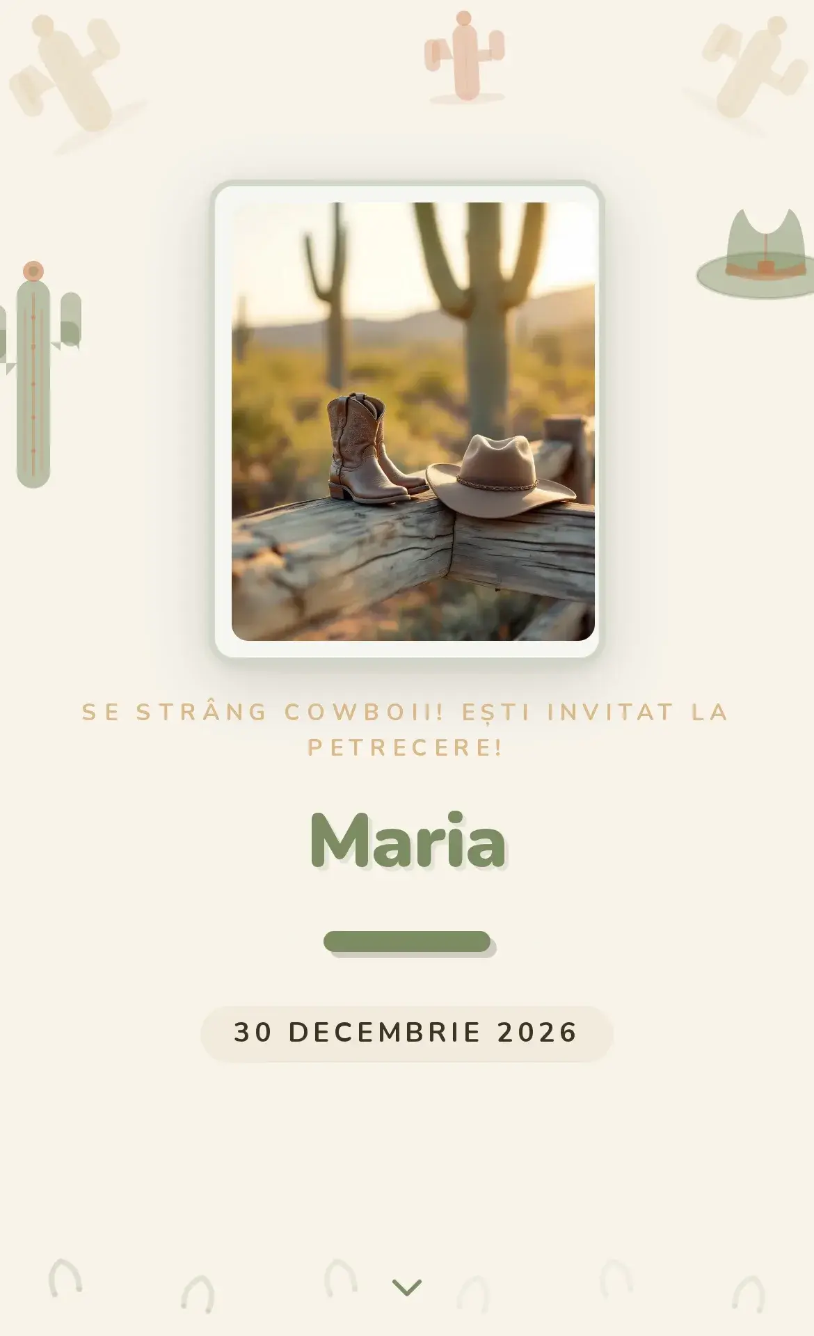 Invitație digitală de aniversare cu cizme de cowboy, pălărie și cactus în deșert la apus, în nuanțe verde-salvie și nisip