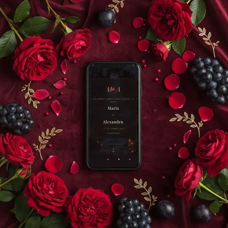 Invitație nuntă digitală model Crimson cu RSVP