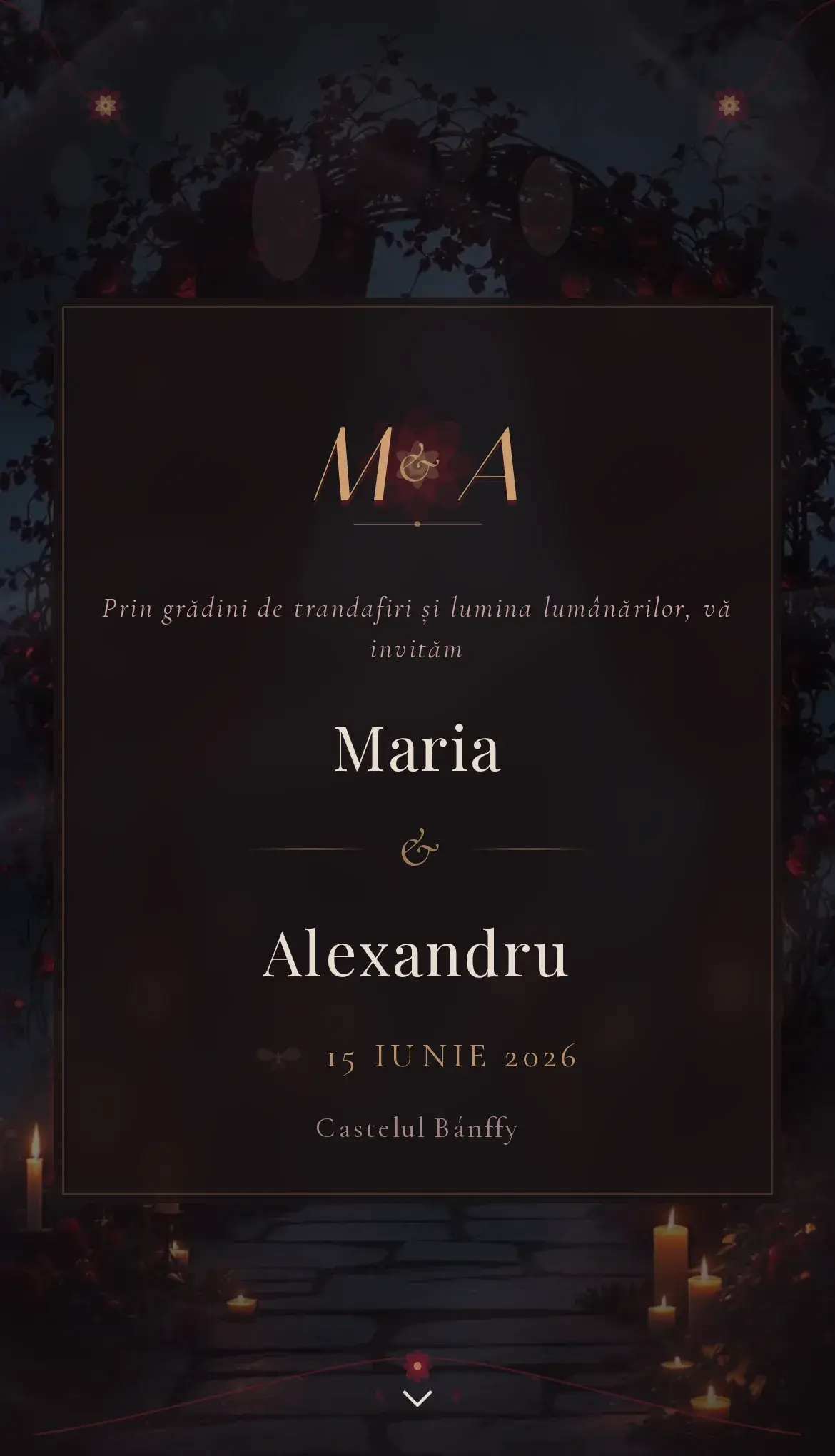 Invitație digitală de nuntă în roșu crimson profund pe fundal întunecat