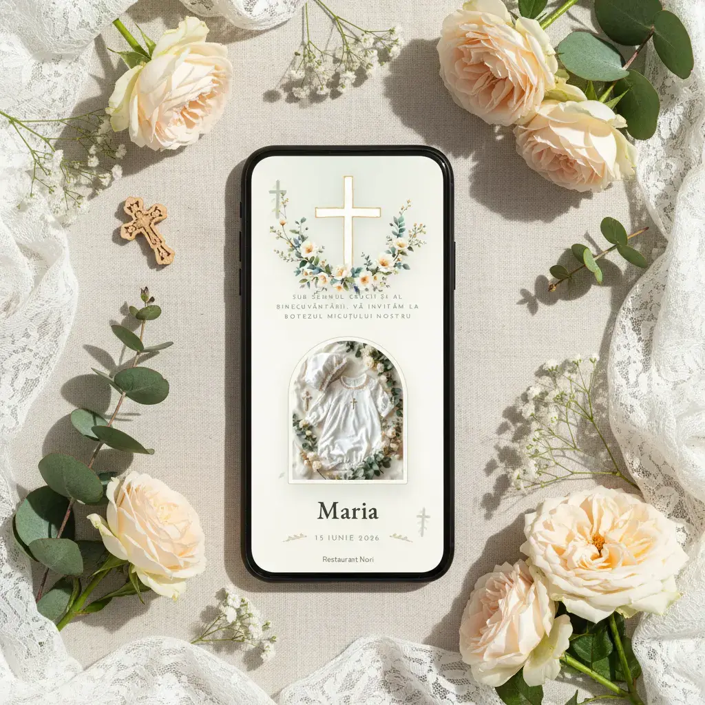 Invitație botez digitală model Cruciuliță cu RSVP
