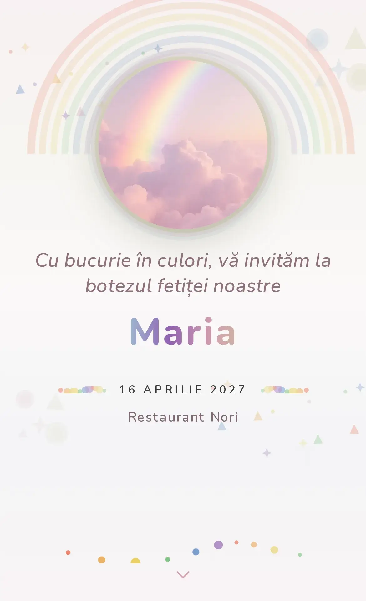 Invitație digitală de botez cu un curcubeu în nuanțe pastelate