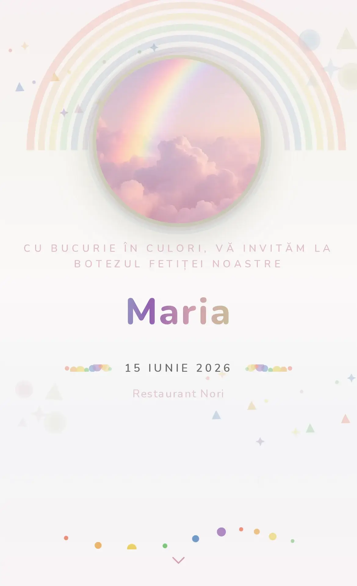Invitație digitală de botez cu un curcubeu în nuanțe pastelate