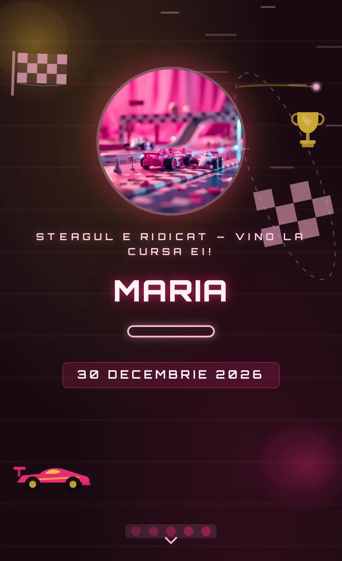 Invitație digitală de aniversare cu tematică de curse, mașini de curse și steag în carouri