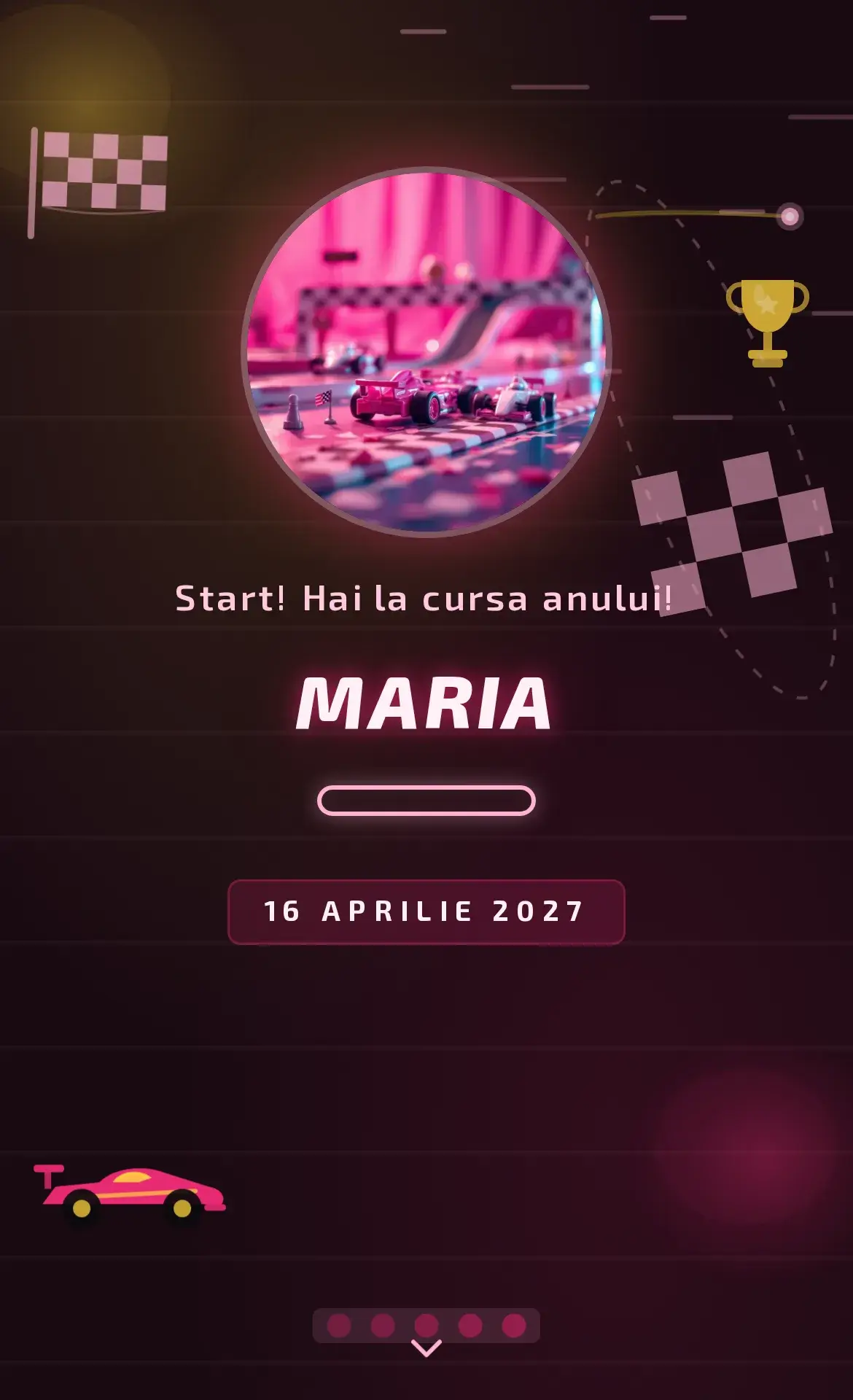 Invitație digitală de aniversare cu tematică de curse, mașini de curse și steag în carouri