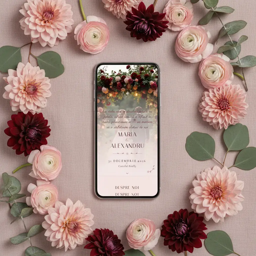 Invitație nuntă digitală model Dalie cu RSVP