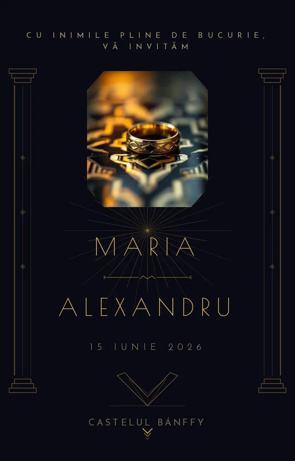Invitație digitală de nuntă Art Deco cu geometrie aurie stil Gatsby