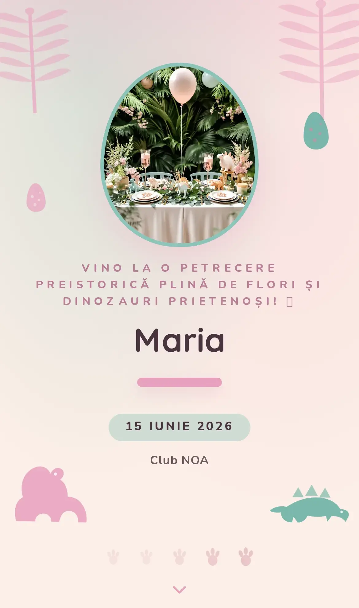 Invitație digitală de aniversare cu dinozauri prietenoși și junglă preistorică în nuanțe calde
