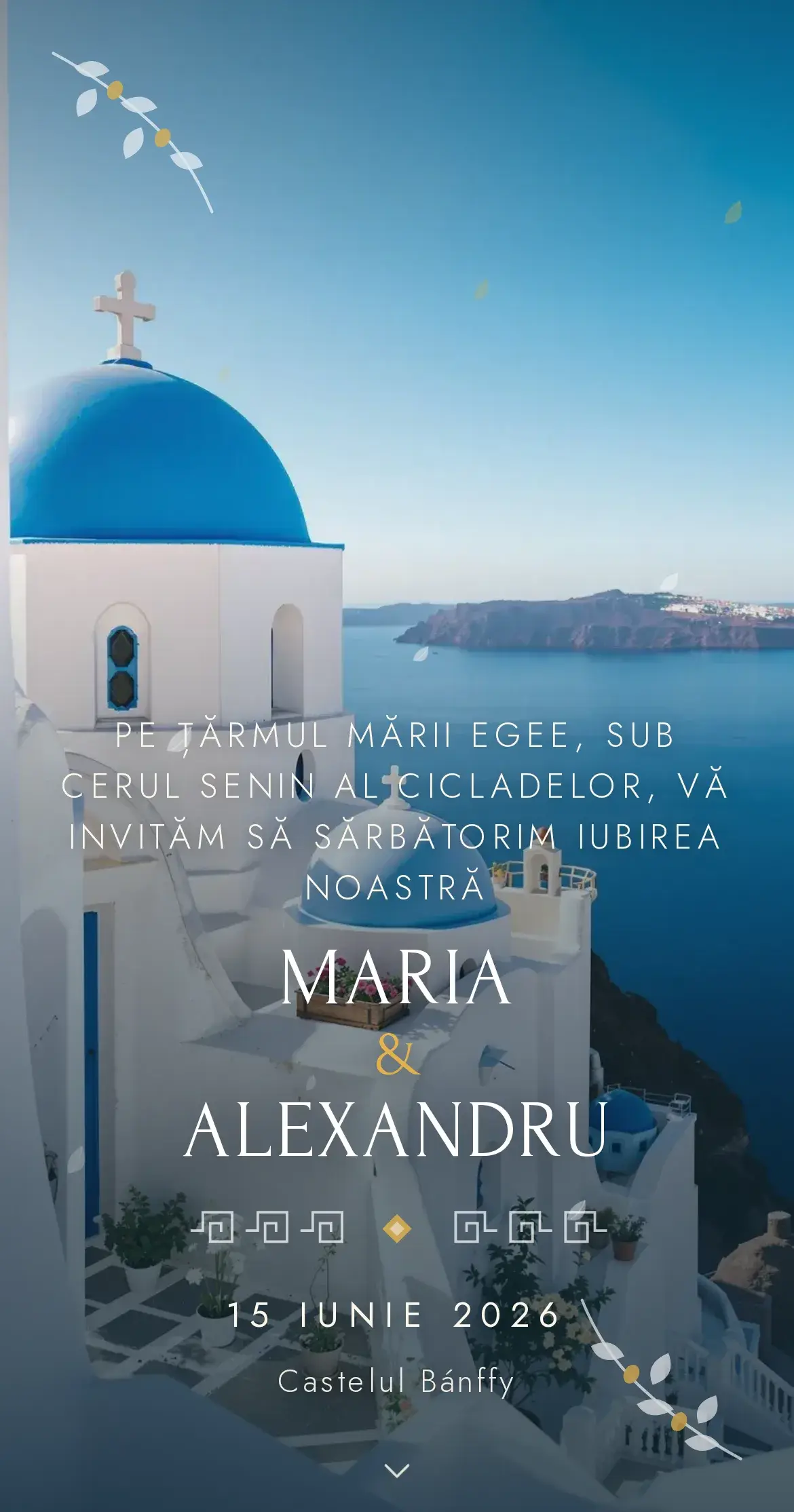 Invitație digitală de nuntă în stil grecesc, cu biserică cu cupolă albastră deasupra Mării Egee