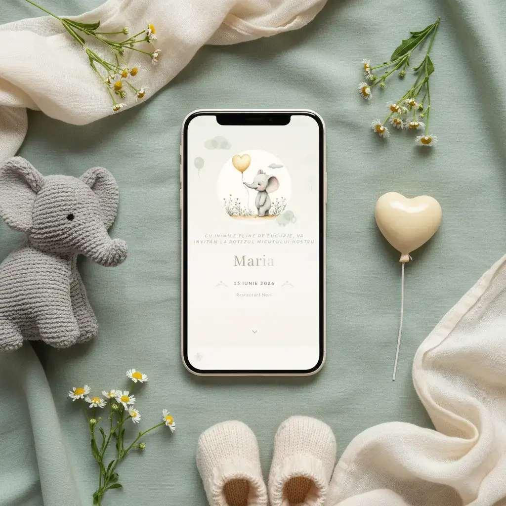 Invitație botez digitală model Elefănțel cu RSVP