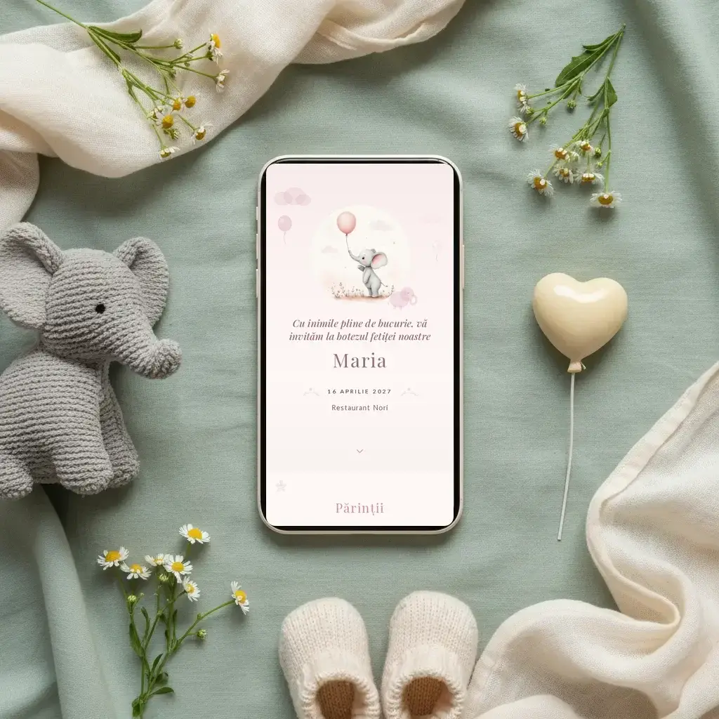 Digital christening invitation template Elefănțel with RSVP