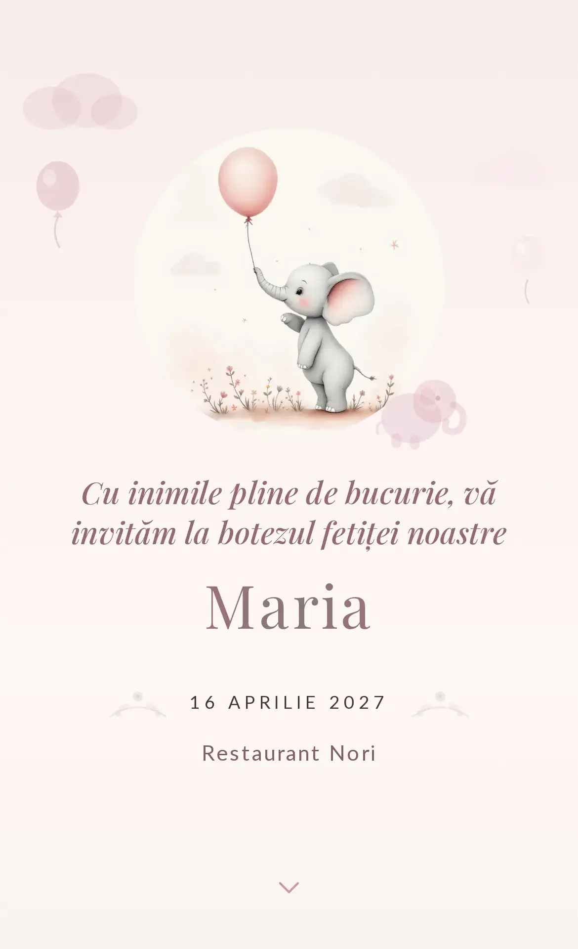 Invitație digitală de botez cu un pui de elefănțel care ține un balon în nuanțe delicate de roz