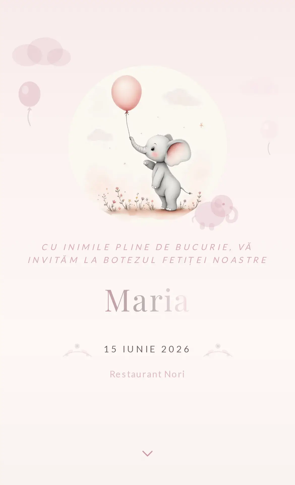 Invitație digitală de botez cu un pui de elefănțel care ține un balon în nuanțe delicate de roz
