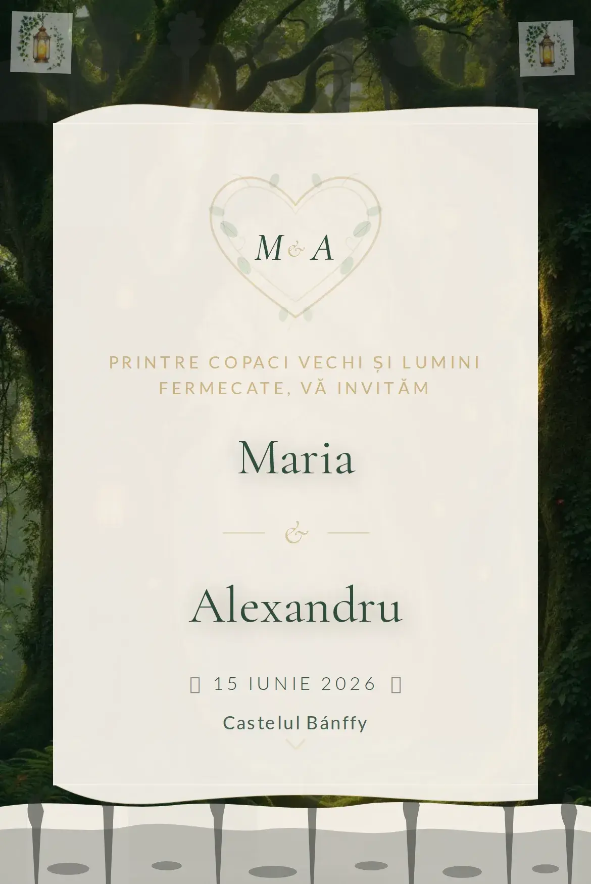 Invitație digitală de nuntă cu pădure fermecată și frunziș verde-mușchi