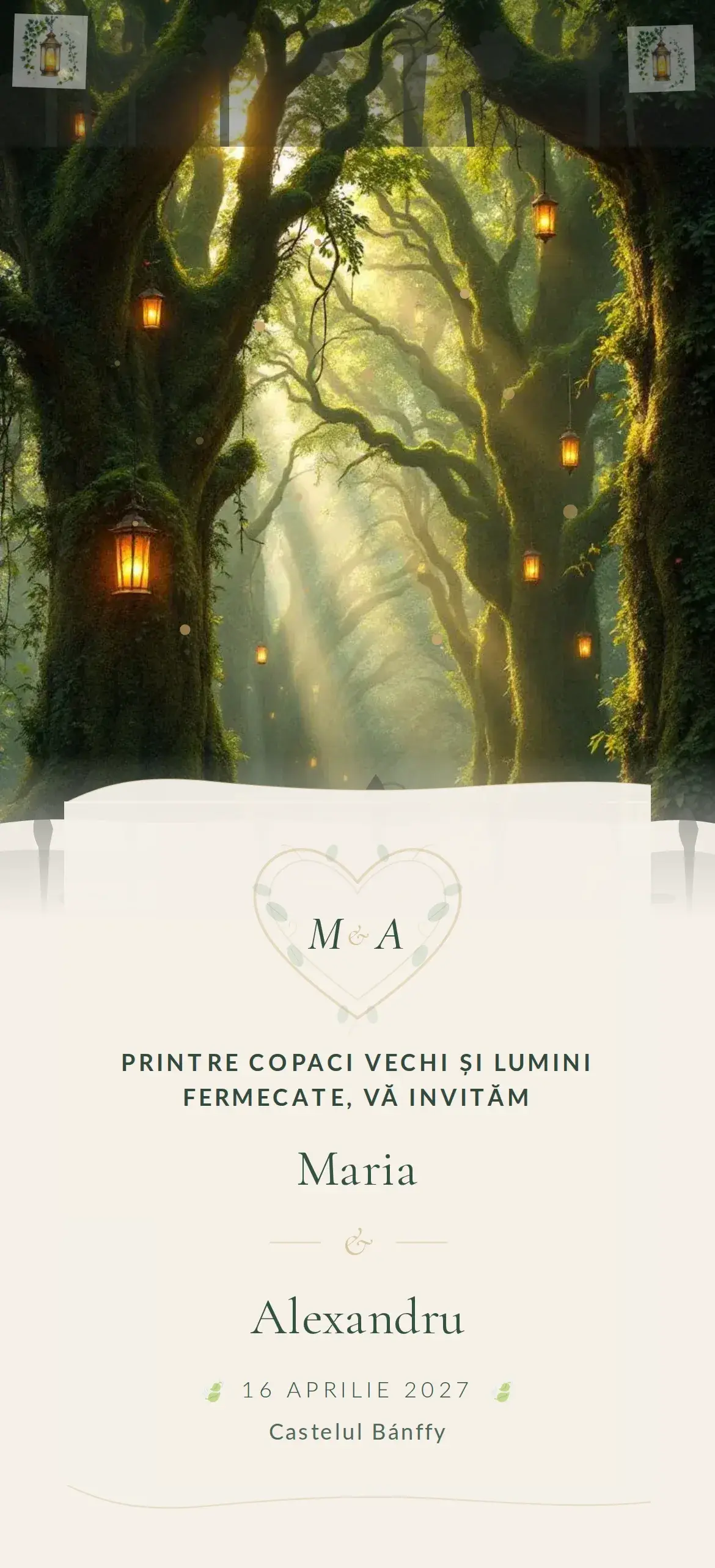 Invitație digitală de nuntă cu pădure fermecată și frunziș verde-mușchi