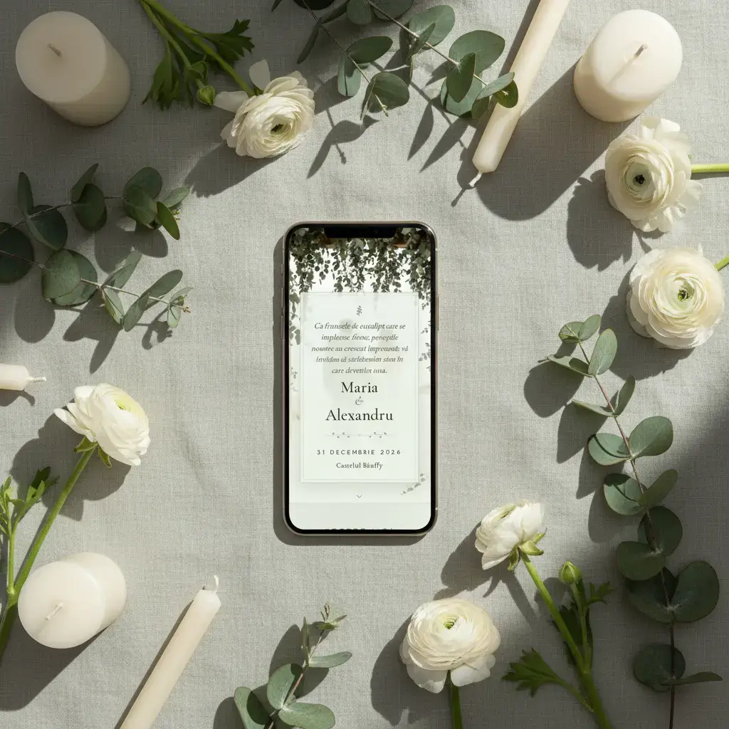Invitație nuntă digitală model Eucalipt cu RSVP