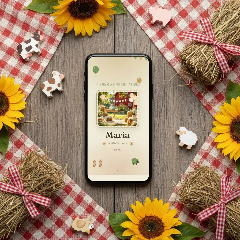 Invitație aniversare digitală model Ferma cu RSVP