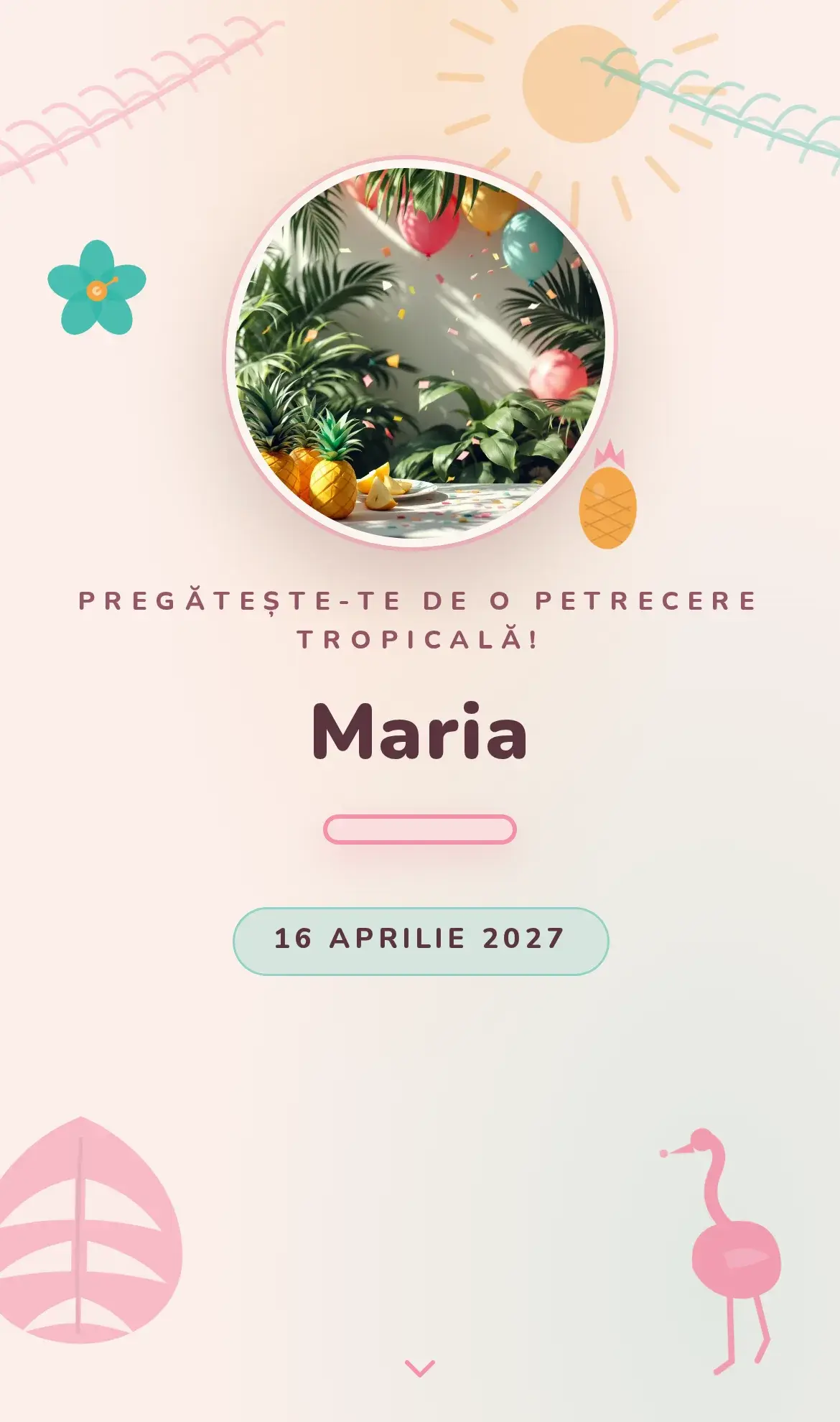 Invitație digitală de aniversare tropicală cu flamingo, palmieri și frunze de monstera