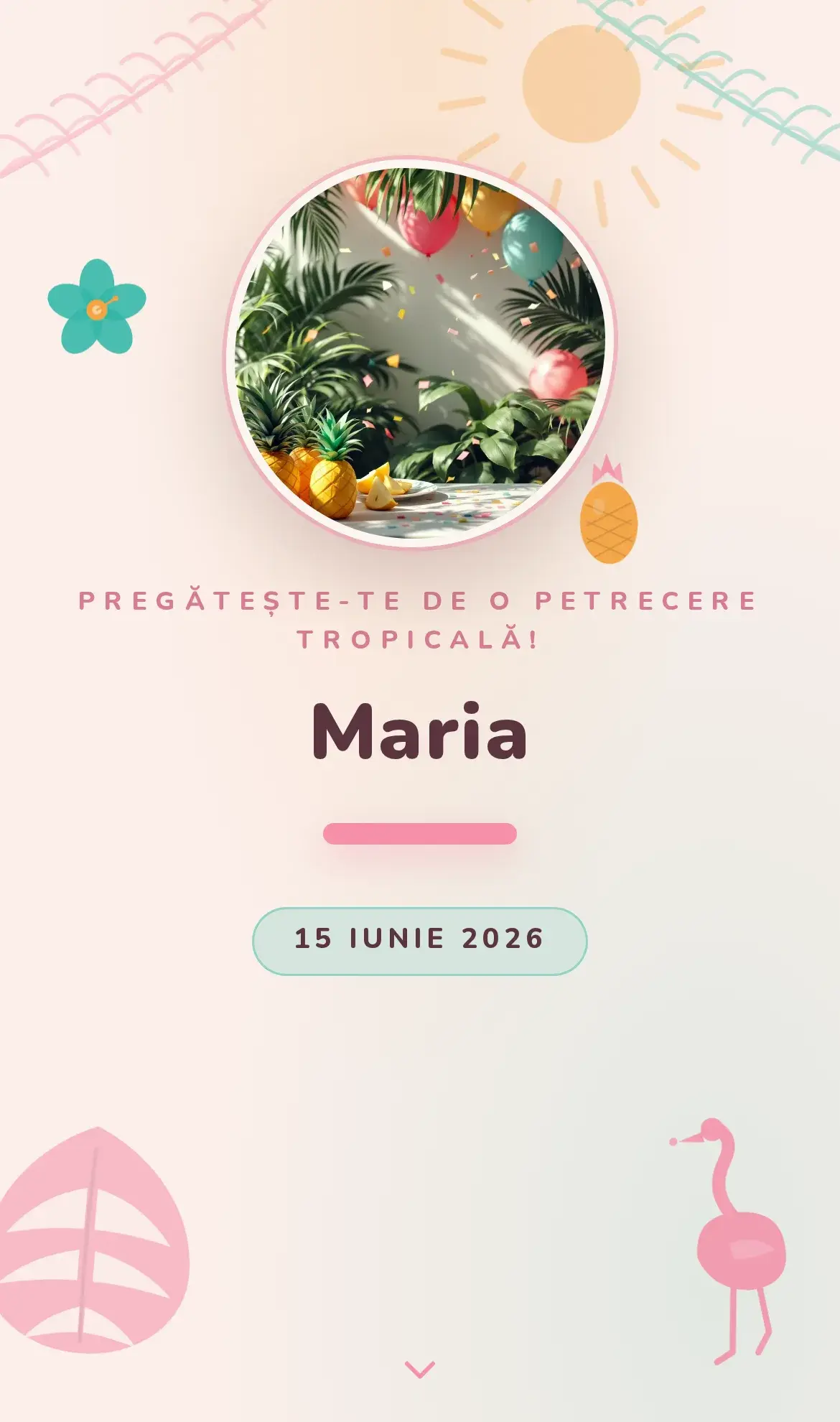 Invitație digitală de aniversare tropicală cu flamingo, palmieri și frunze de monstera