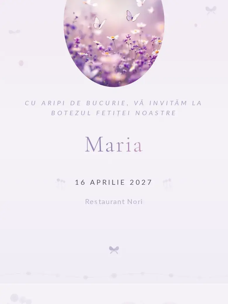 Invitație botez digitală model Fluturi cu RSVP