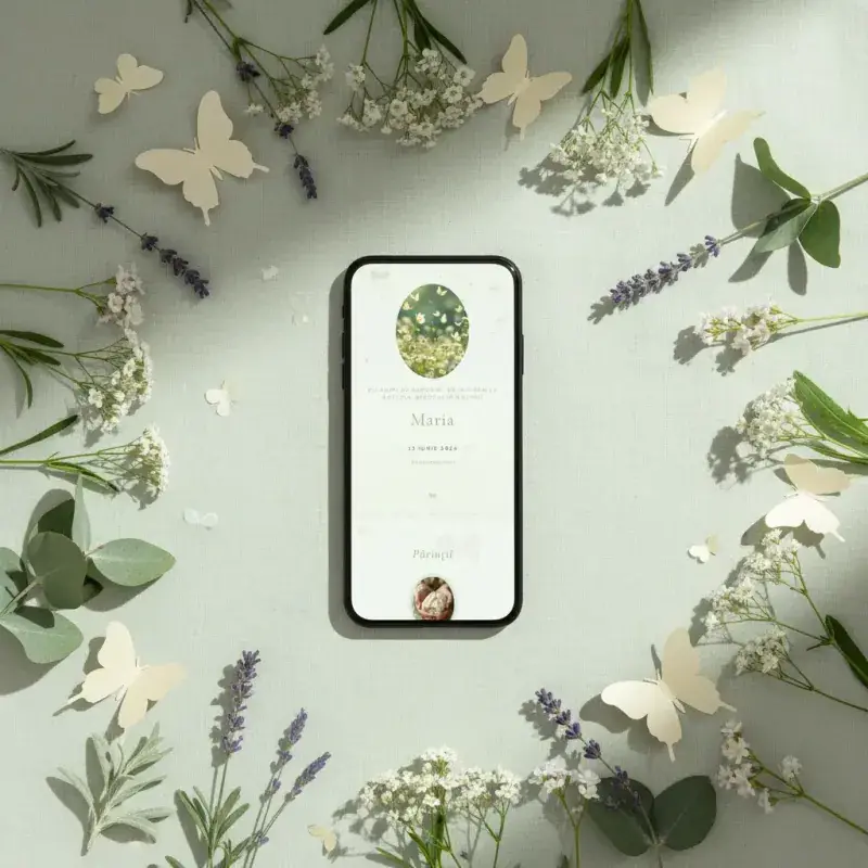 Invitație botez digitală model Fluturi cu RSVP