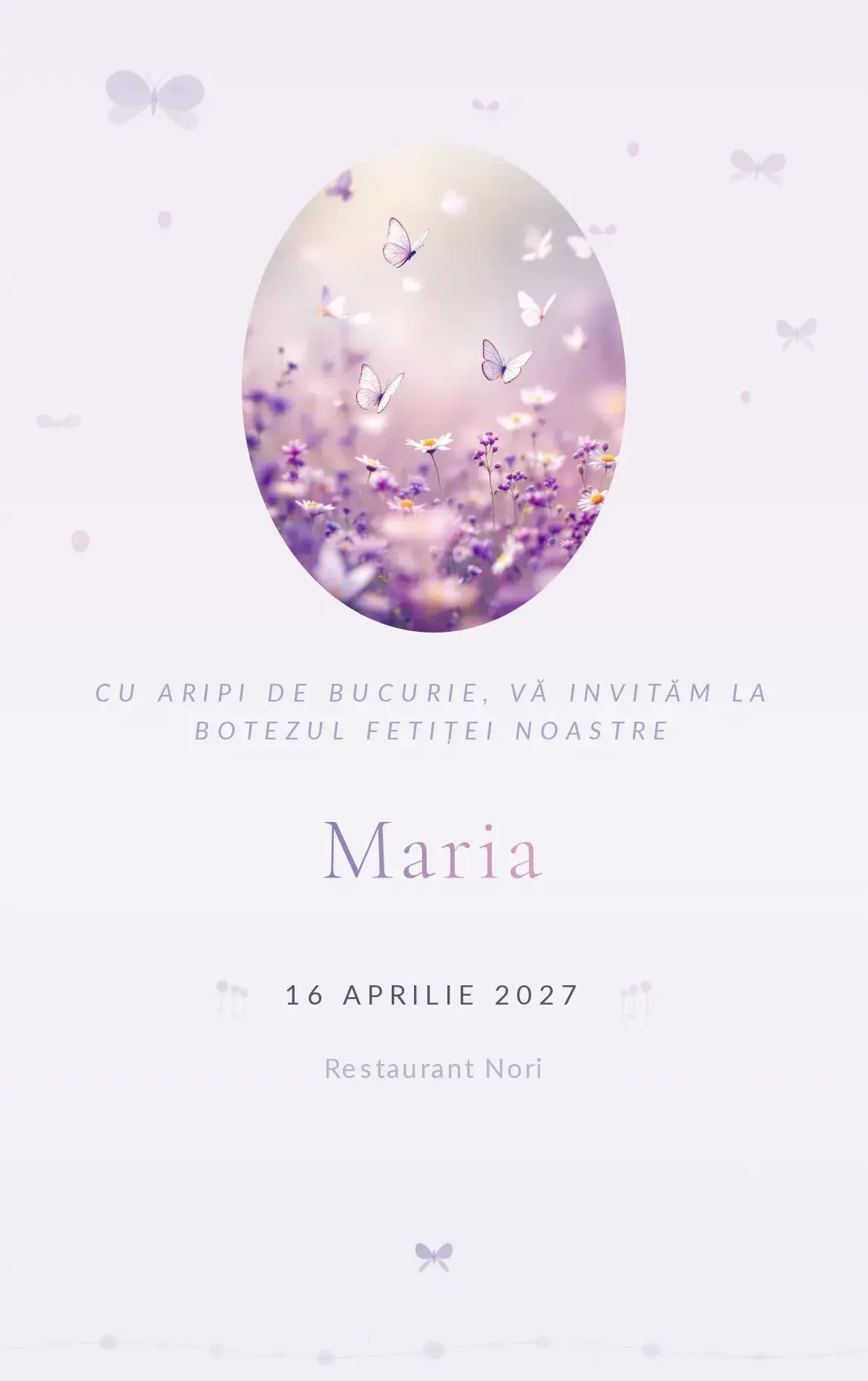Invitație digitală de botez cu fluturi delicați în nuanțe de lavandă