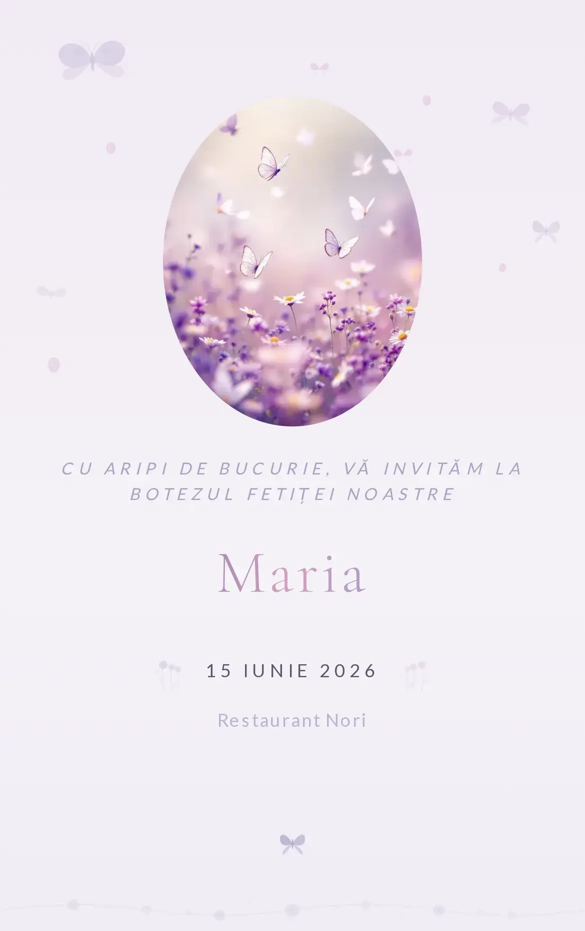 Invitație digitală de botez cu fluturi delicați în nuanțe de lavandă