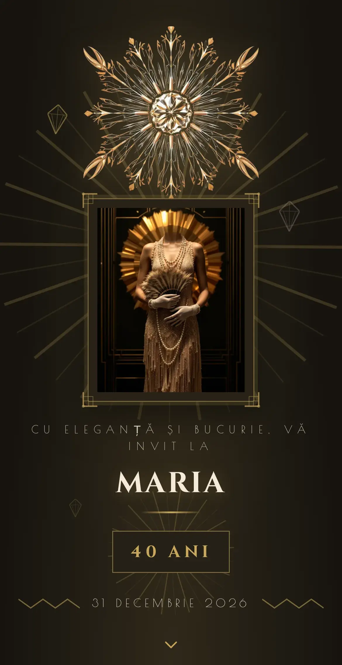 Invitație digitală de aniversare Art-Deco cu evantai auriu radiant pe fundal negru lăcuit