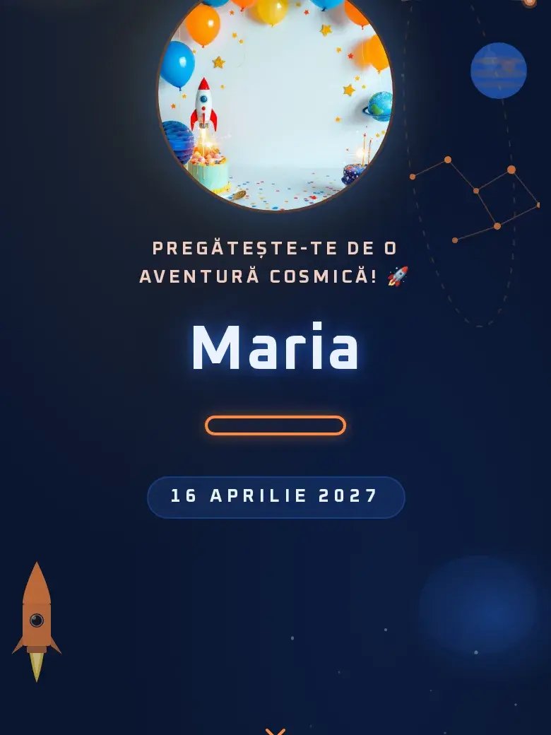 Invitație aniversare digitală model Galaxie cu RSVP