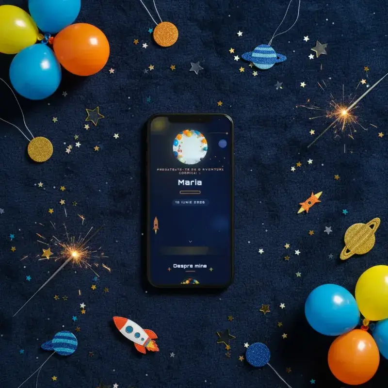 Invitație aniversare digitală model Galaxie cu RSVP