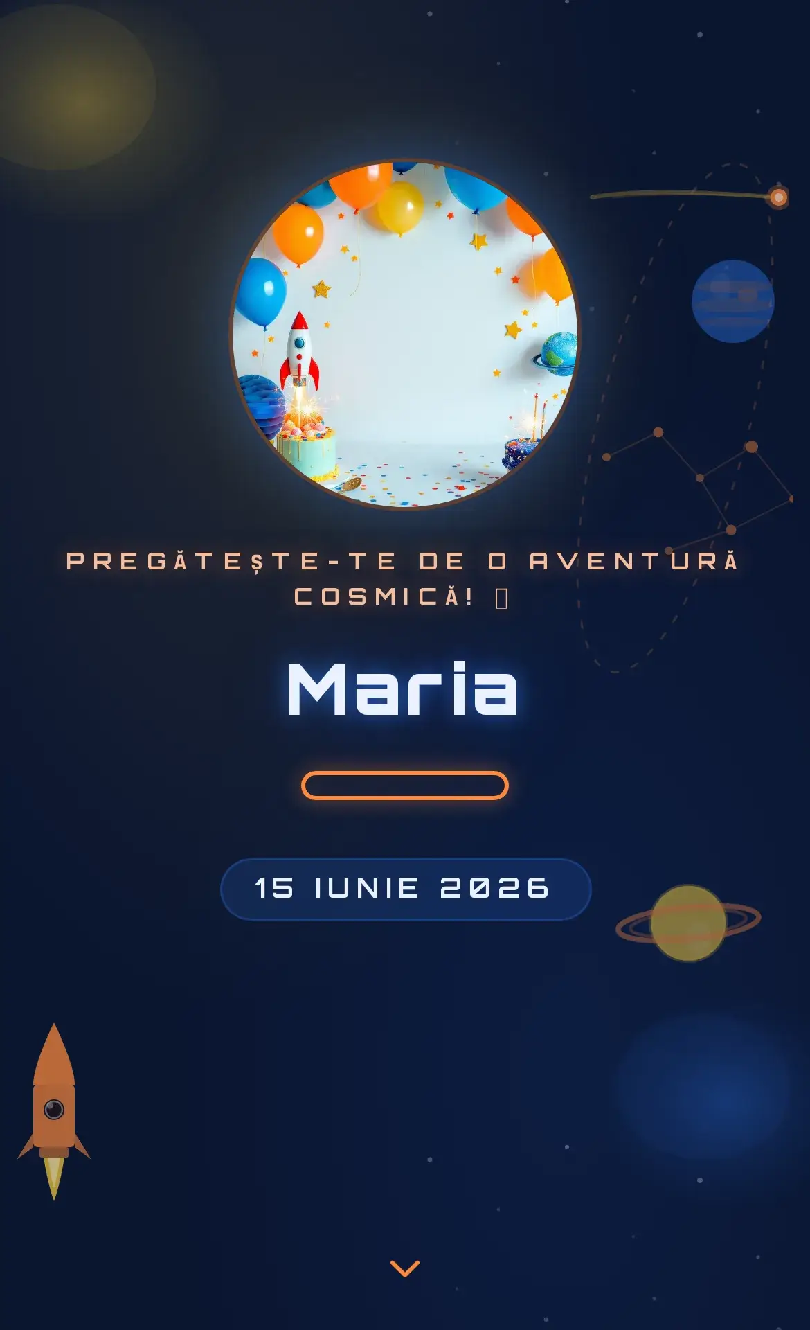 Invitație digitală de aniversare cu temă spațială, rachetă și galaxii