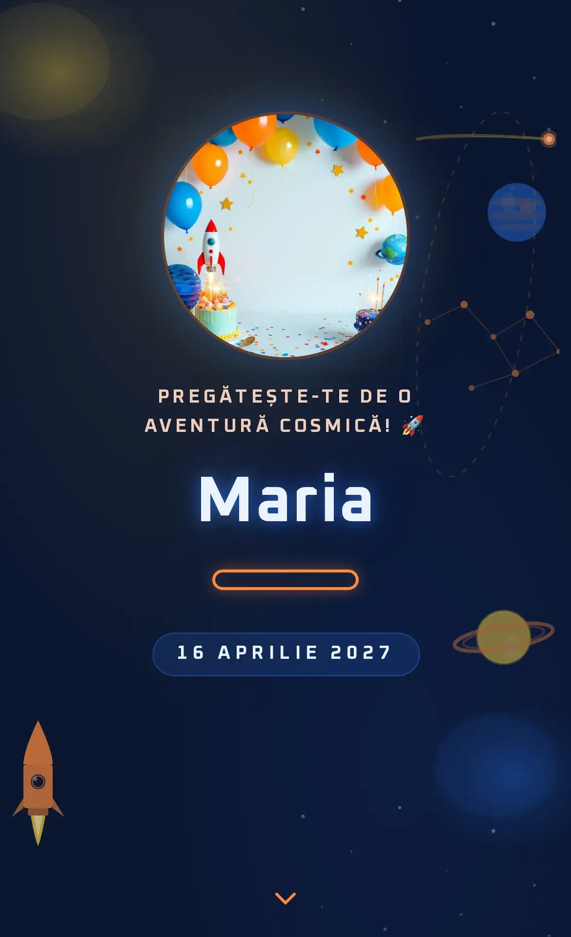 Invitație digitală de aniversare cu temă spațială, rachetă și galaxii