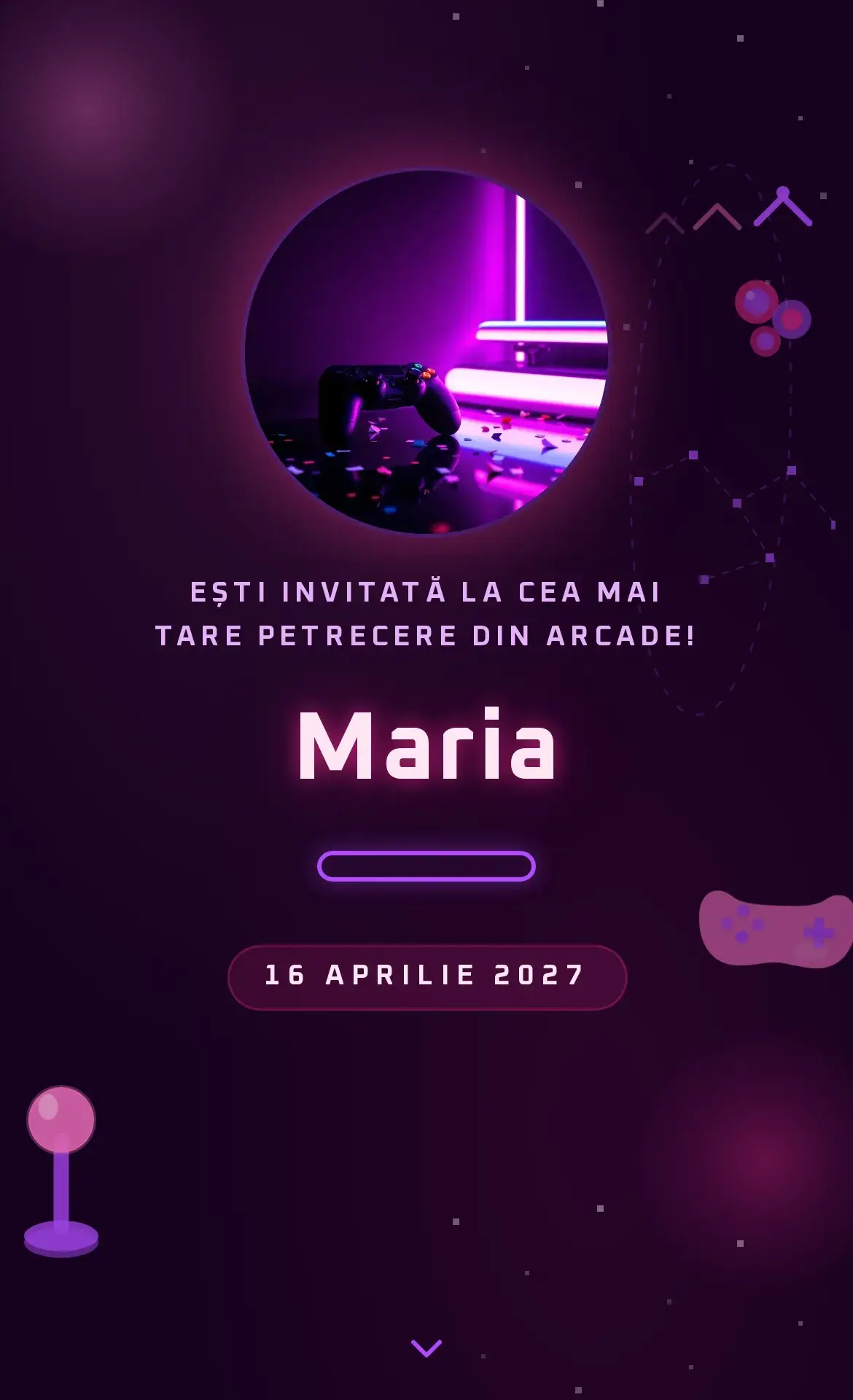 Invitație digitală de aniversare cu tematică gaming, controller și neon magenta