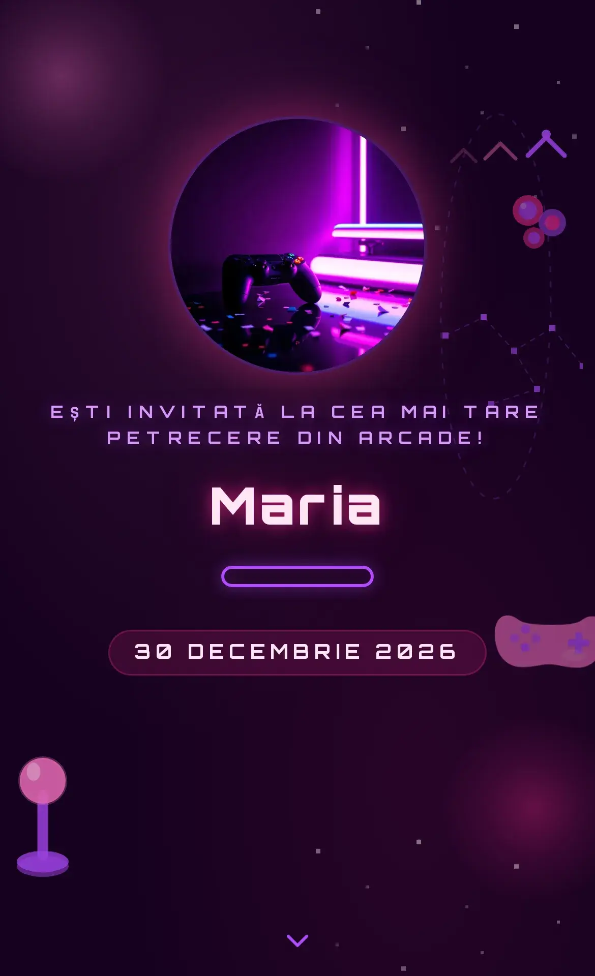 Invitație digitală de aniversare cu tematică gaming, controller și neon magenta