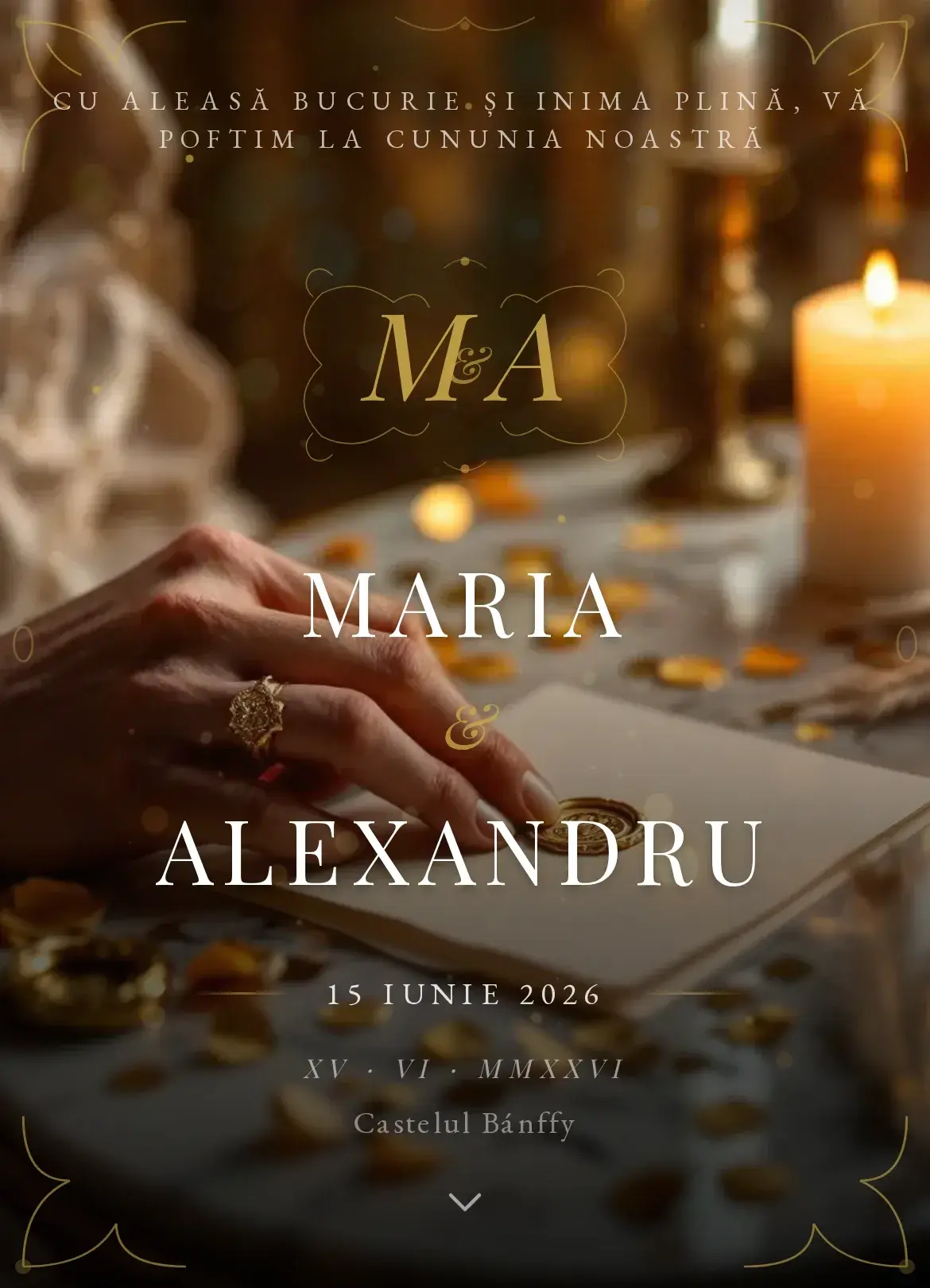 Invitație digitală de nuntă cu ornamente aurii baroce stil Versailles