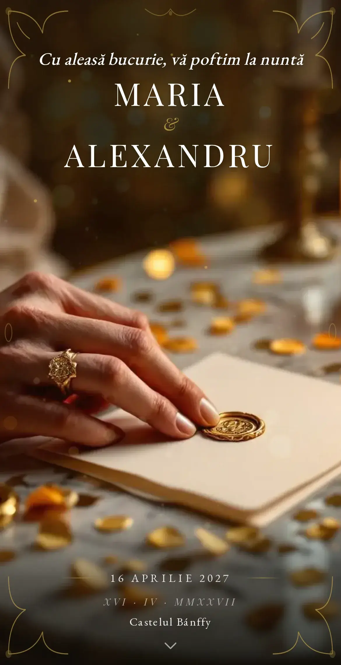Invitație digitală de nuntă cu ornamente aurii baroce stil Versailles