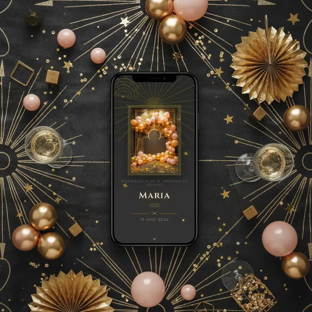 Invitație aniversare digitală model Glam cu RSVP