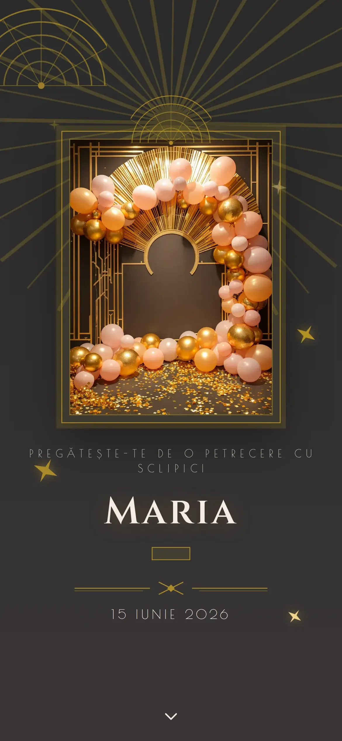 Invitație digitală de aniversare glam art-deco cu baloane aurii, sclipici și evantai geometric auriu