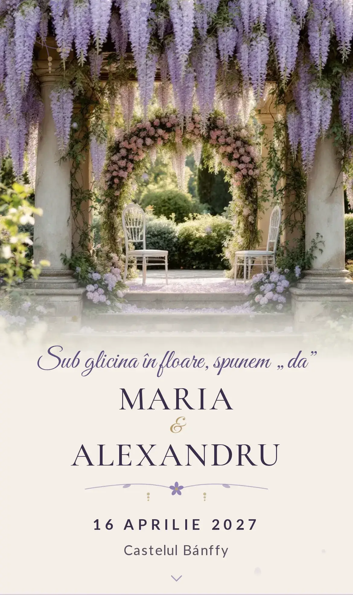 Invitație digitală de nuntă cu glicină violet revărsată peste o pergolă de piatră într-o grădină romantică