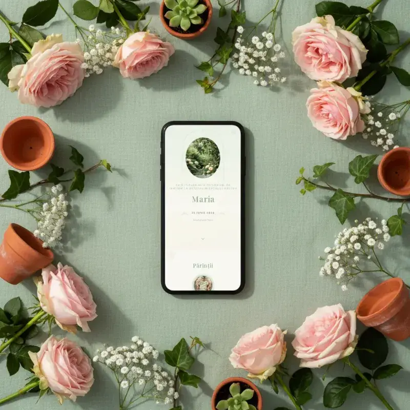 Invitație botez digitală model Grădina cu RSVP