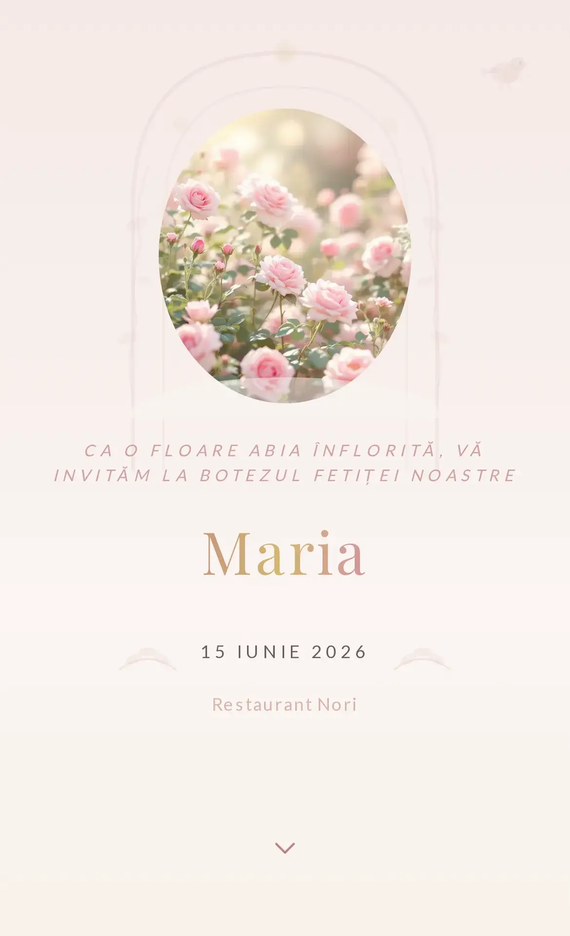 Invitație digitală de botez cu o grădină înflorită în nuanțe de roz
